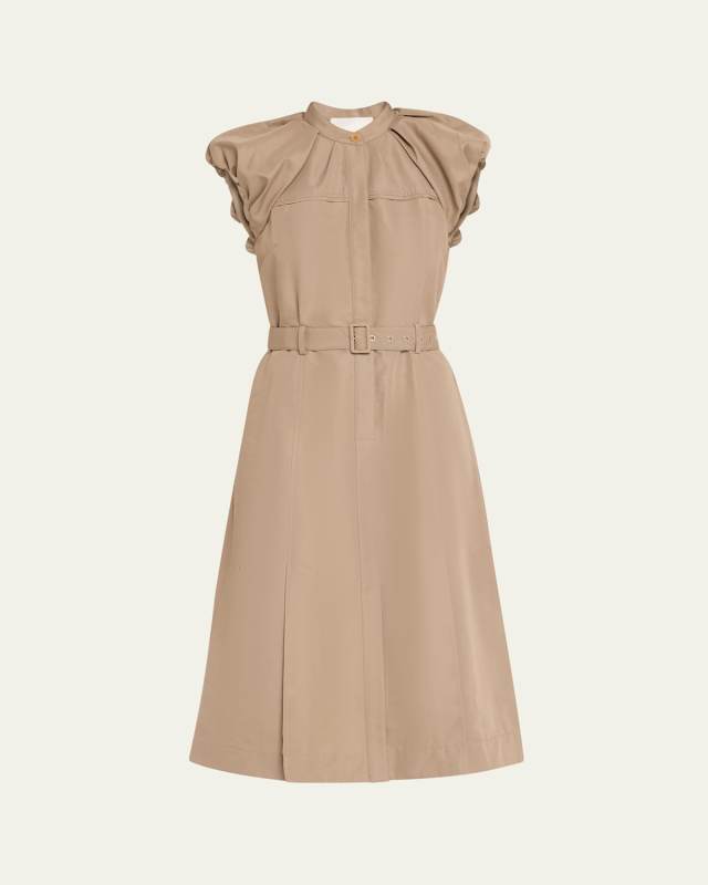 Puff-Sleeve Belted Midi Dress